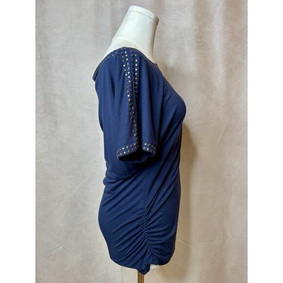 Carmen Marc Valvo Blue Studded Top Size S Ruched Stretch Short Sleeve Night Out - Picture 2 of 6